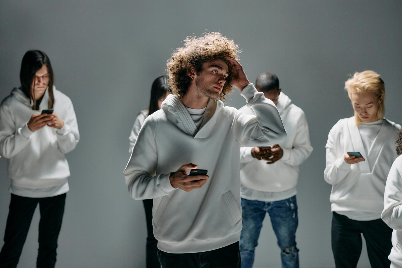Group of diverse adults using smartphones, isolated by technology in studio setting.